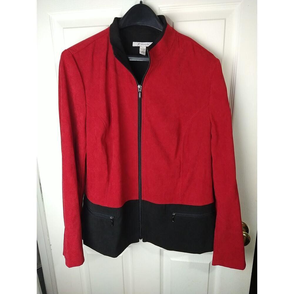 JM Collection Woman 14 Blazer Red Black Colorblock Zip Front /Pockets Suede Feel
